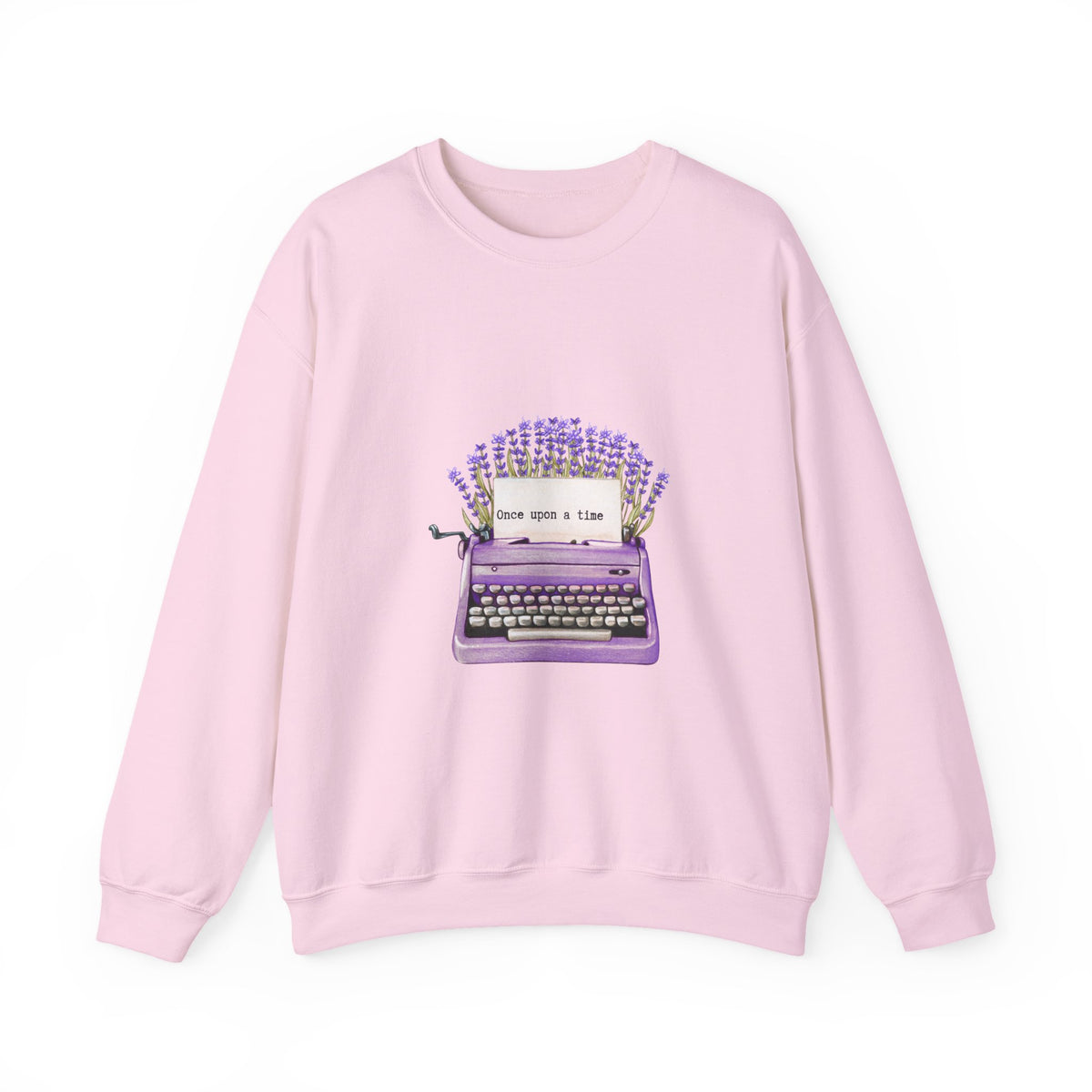 Typewriter Crewneck Sweatshirt — "Once Upon a Time" Lavender Vintage Writer Pullover