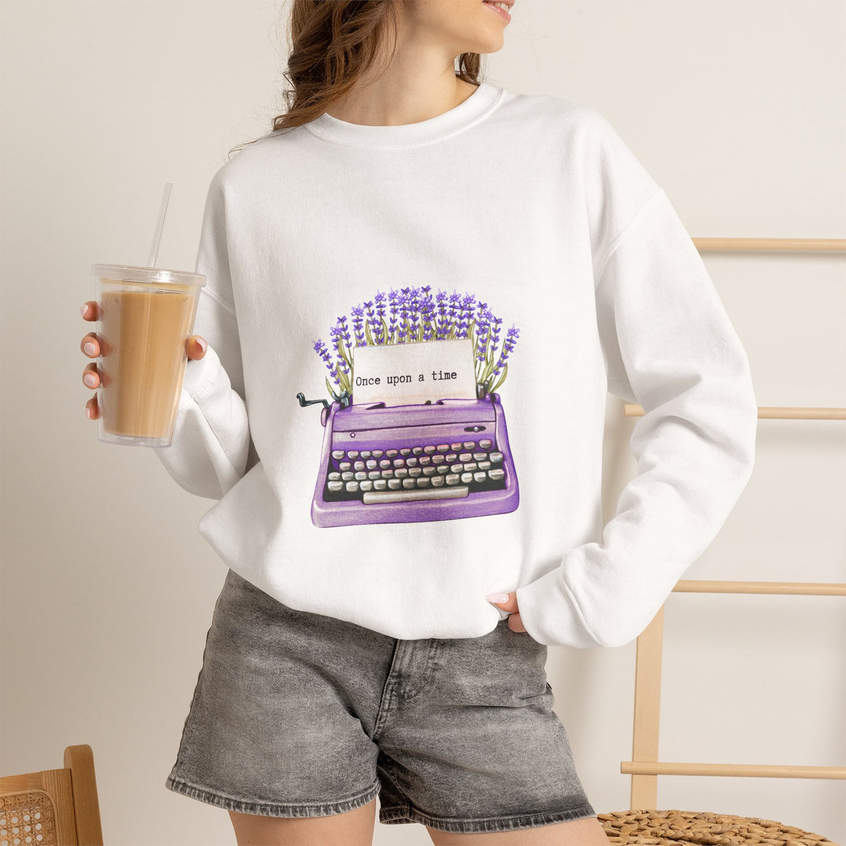 Typewriter Crewneck Sweatshirt — "Once Upon a Time" Lavender Vintage Writer Pullover