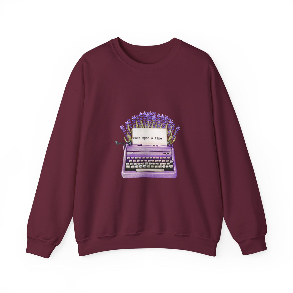 Typewriter Crewneck Sweatshirt — "Once Upon a Time" Lavender Vintage Writer Pullover